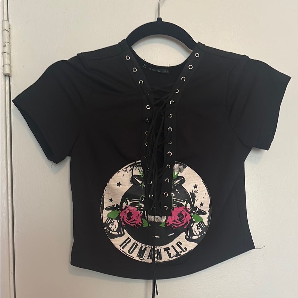 Black Graphic Lace-Up crop top